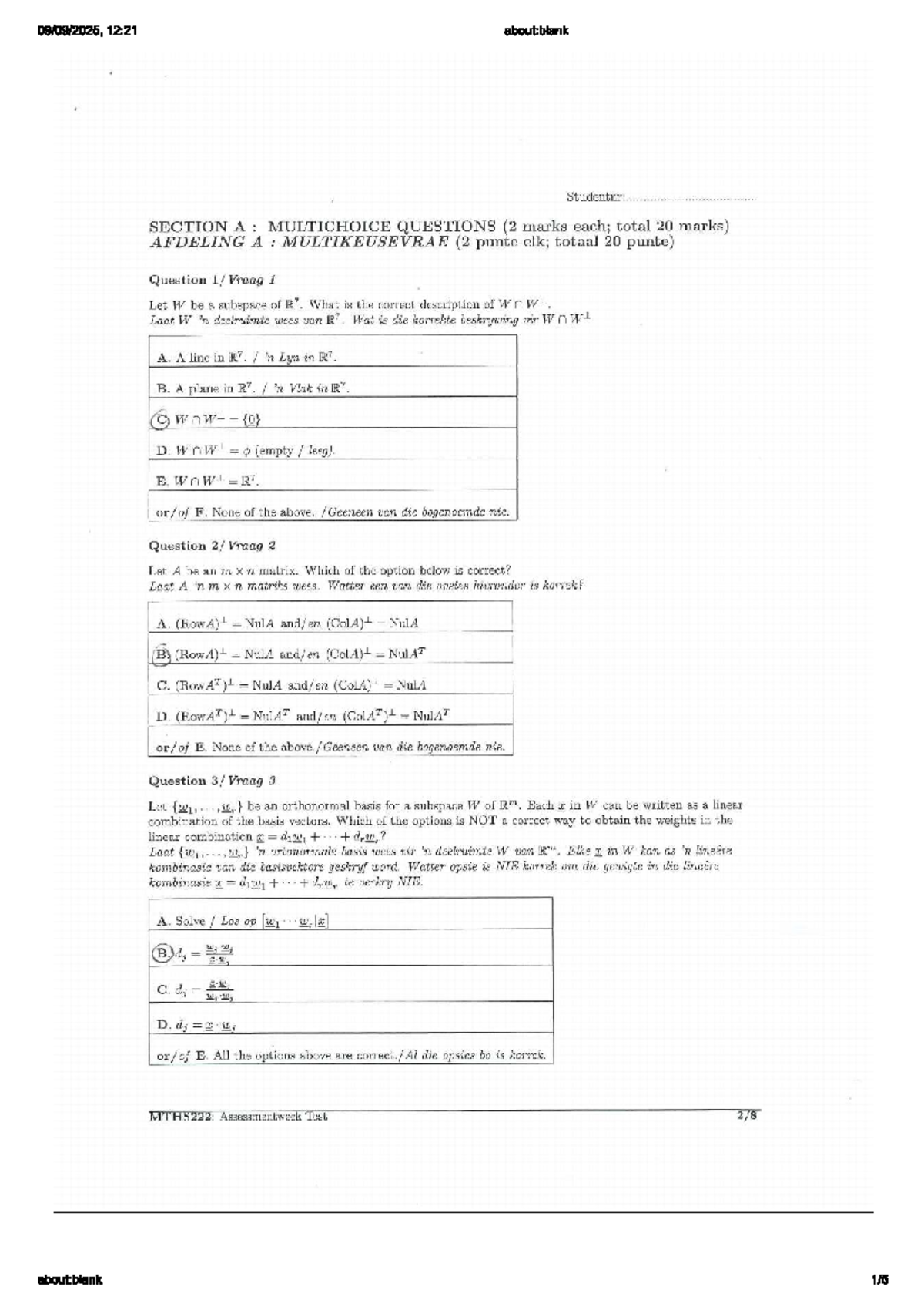 MTHS222: Semestral Test on Linear Algebra Concepts - Studocu