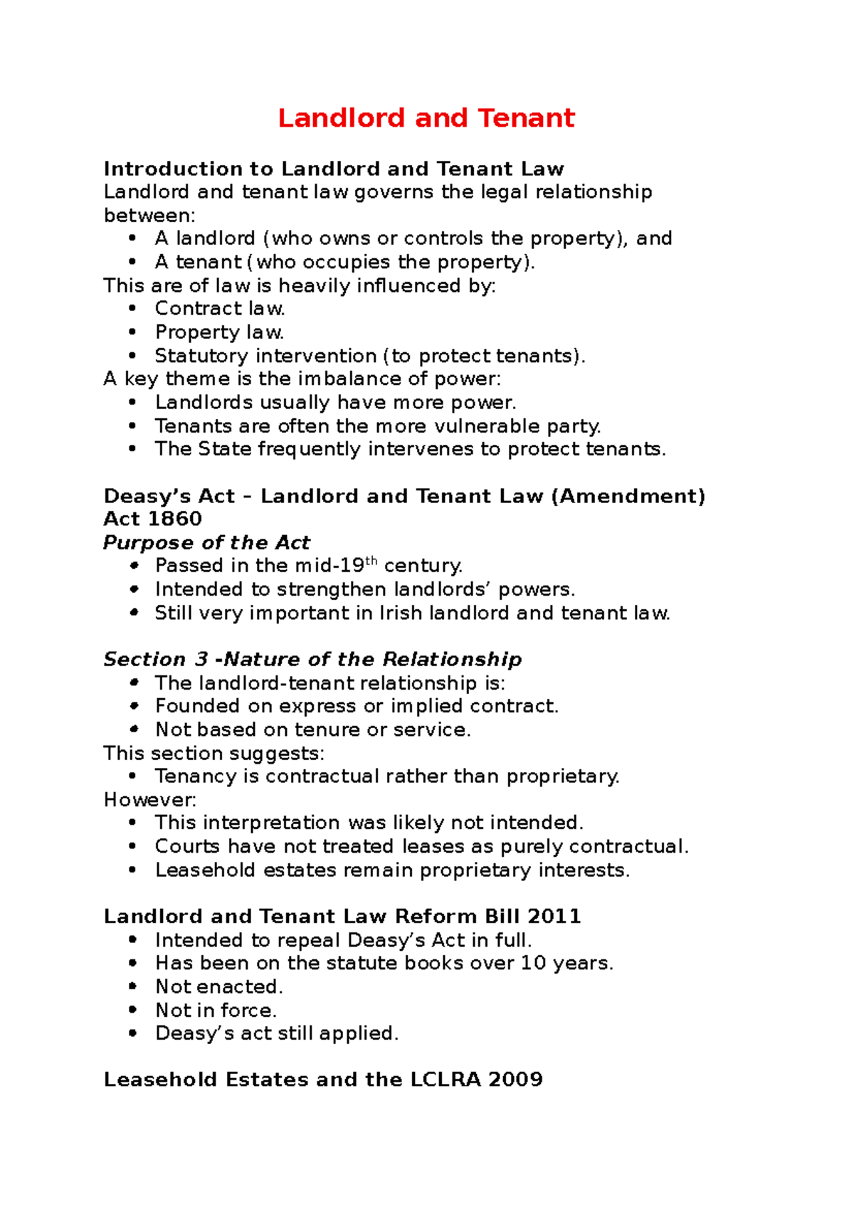 Landlord and Tenant Law Overview: Key Concepts and Legislation - Studocu