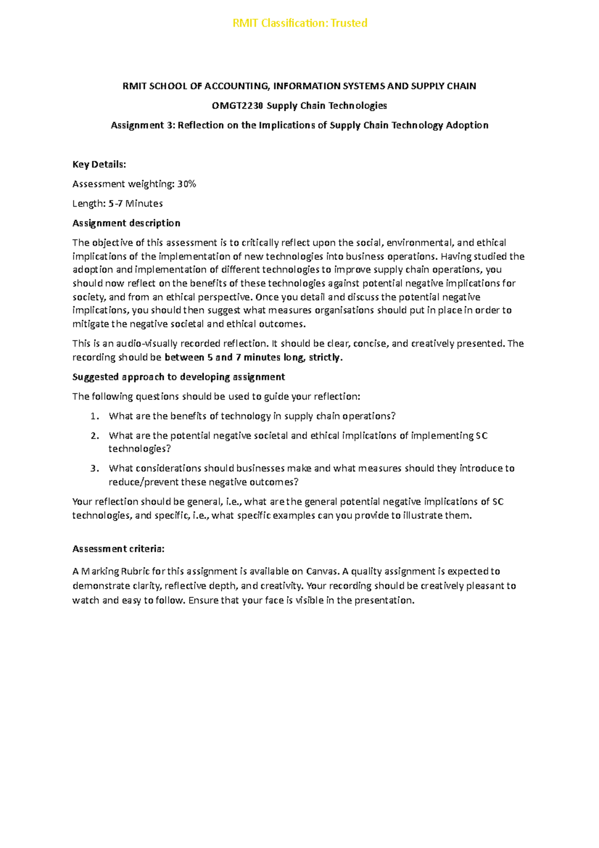 OMGT2230 Assignment Three Additional Guidelines - RMIT SCHOOL OF ...
