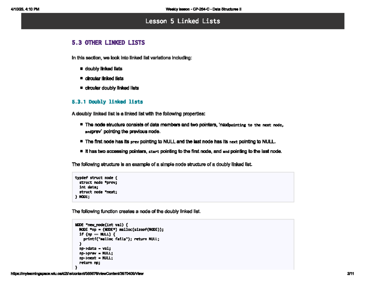 Data Structures II (CP264) - Weekly lesson on linked lists - Studocu