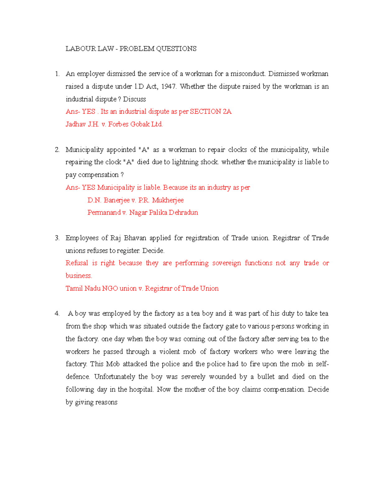 Labour Law - Problem Questions Analysis and Case Studies (LLB 101 ...