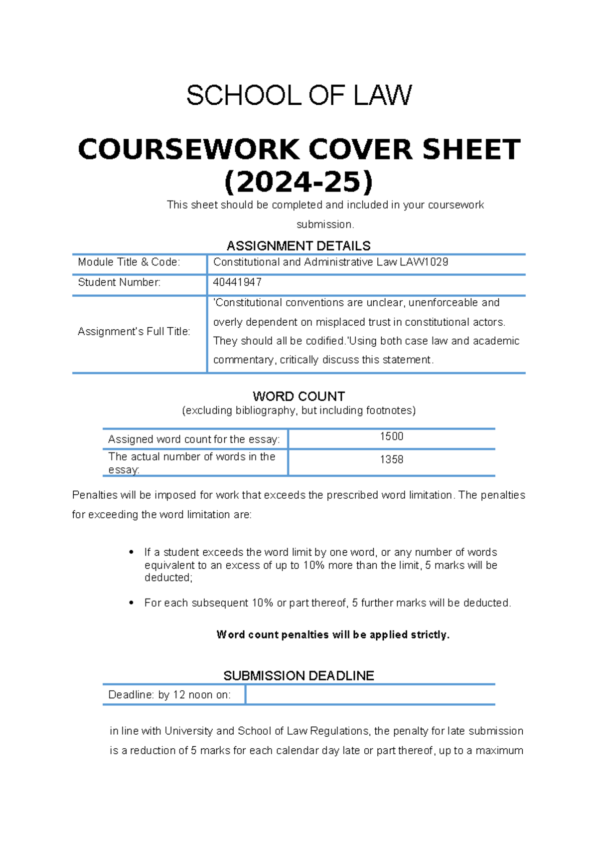 1st Assignment - SCHOOL OF LAW COURSEWORK COVER SHEET (2024-25) This ...