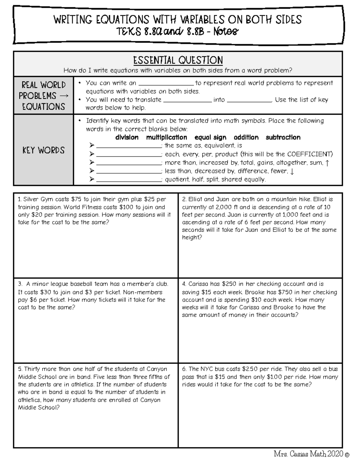 Writing Equationswith Variableson Both Sidesfrom Word Problems Guided ...