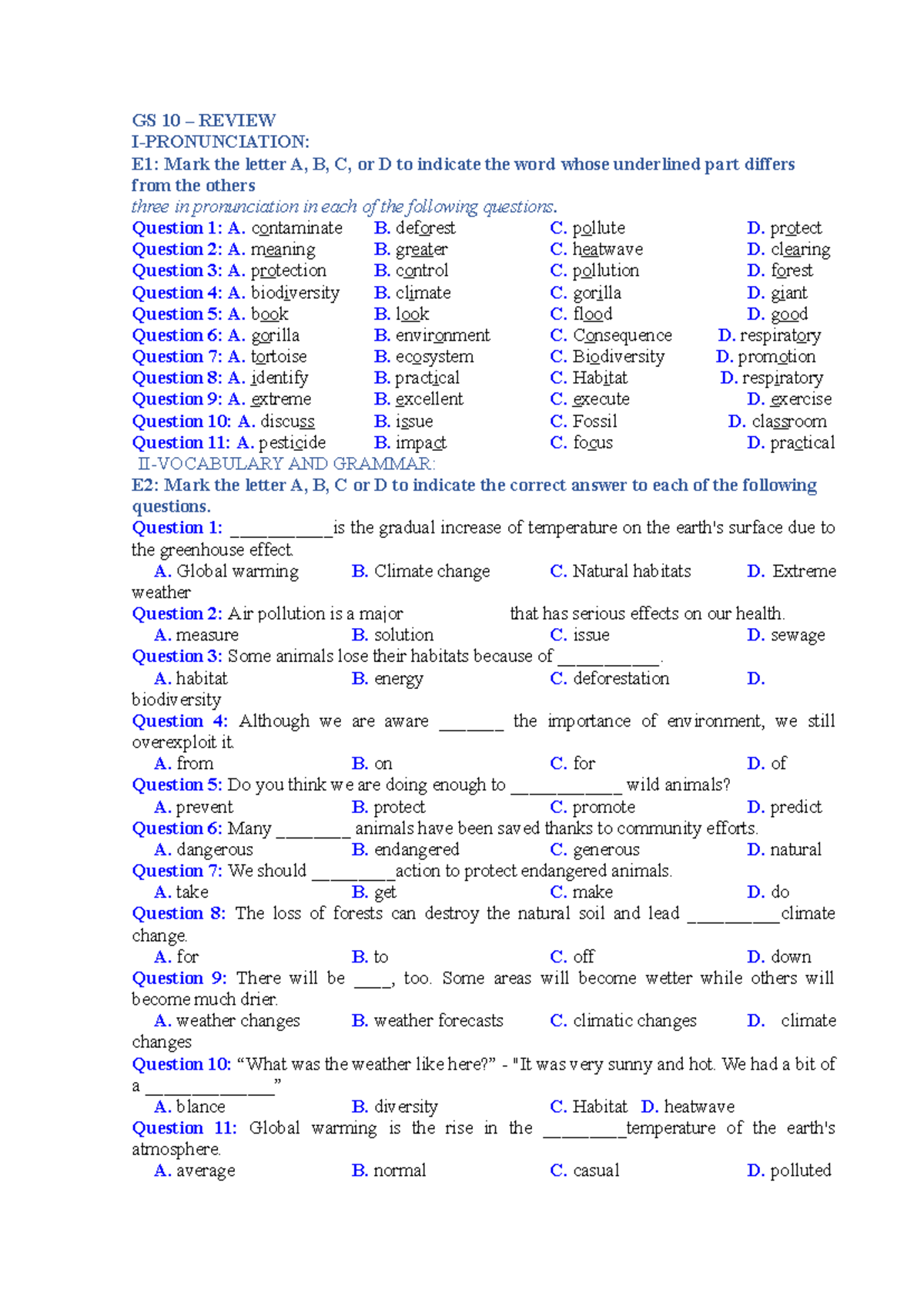 GS 10 - Review: Pronunciation & Grammar Practice Questions - Studocu