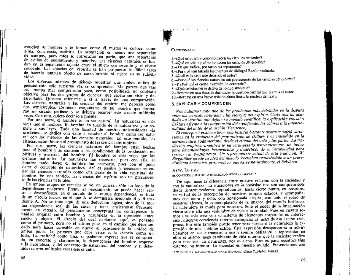 Dilthey El conocimiento de la realidad histórico social - Epistemologia ...