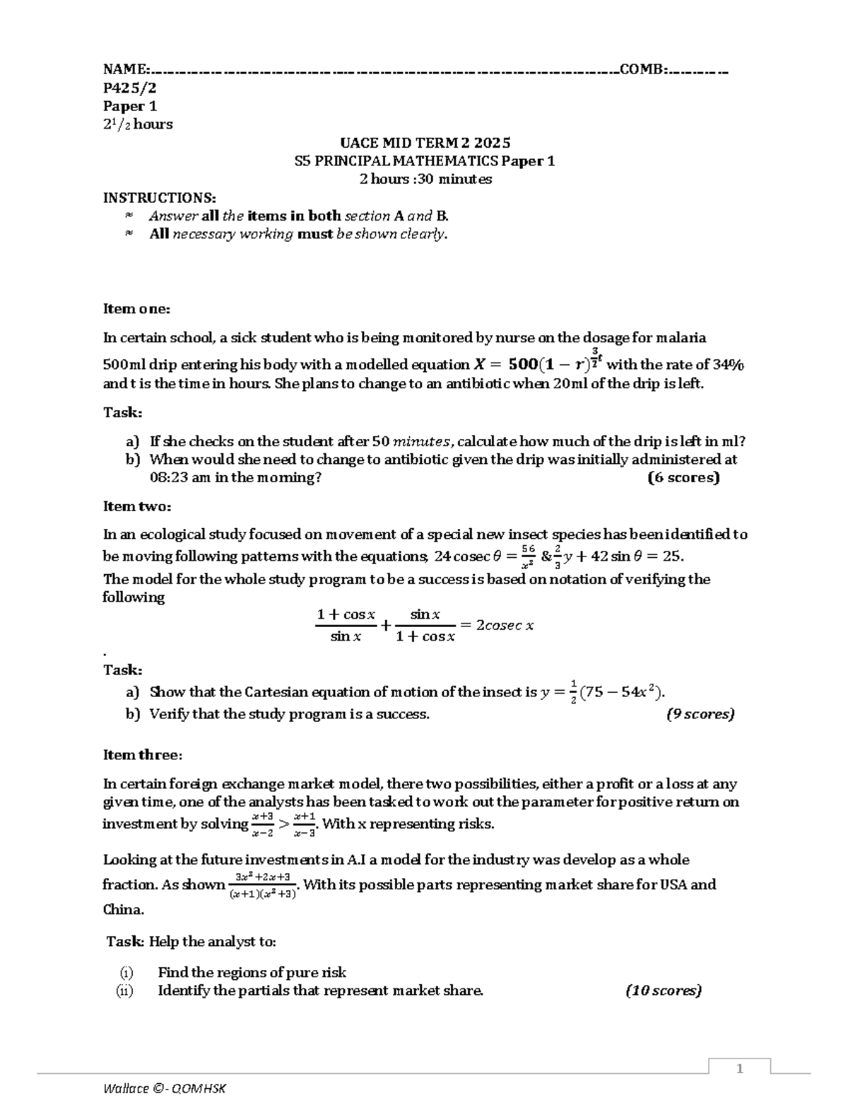 S5 PRINCIPAL MATHEMATICS Midterm Paper 1 Study Guide 2025 - Studocu