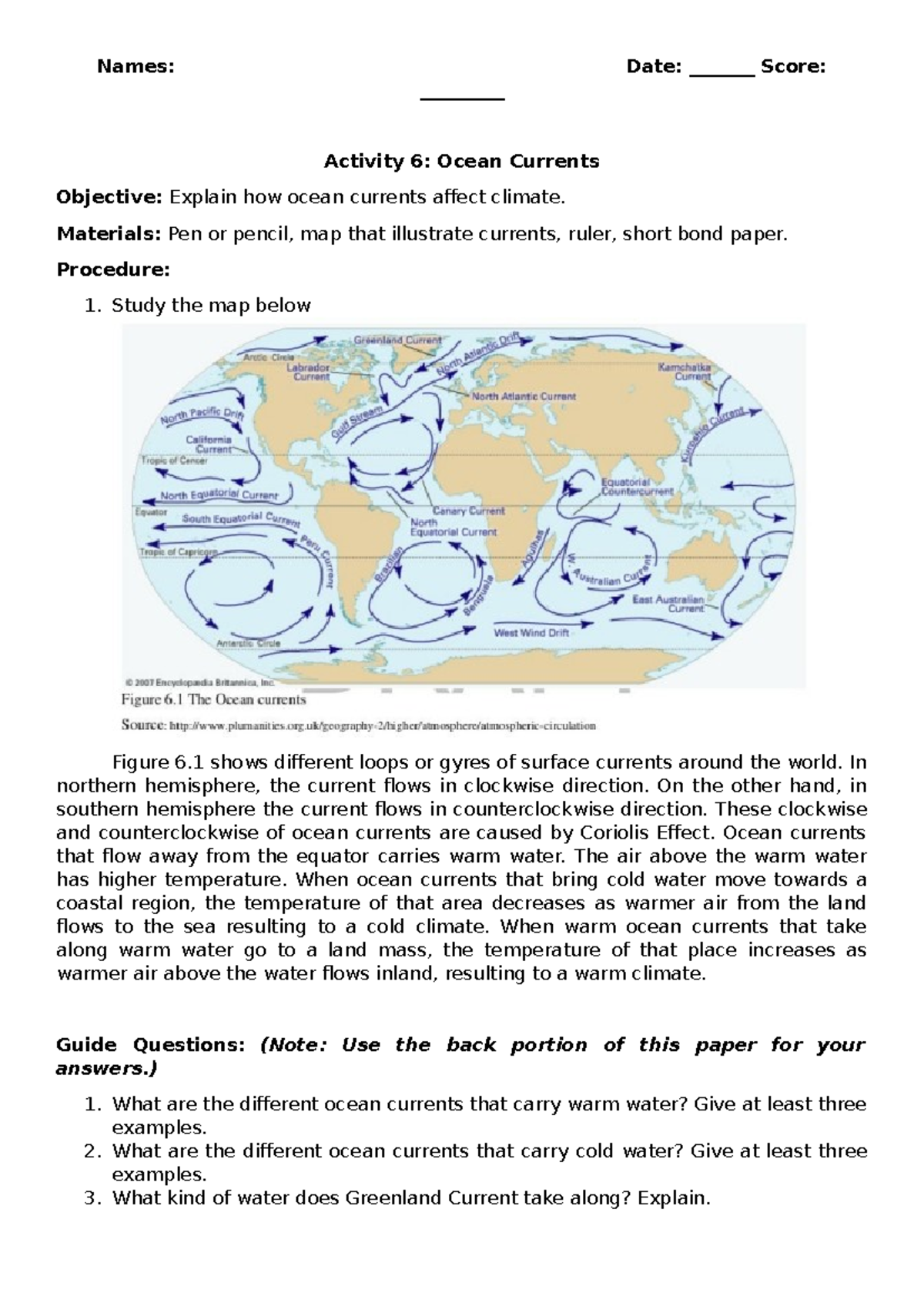 Activity 6: Ocean Currents and Their Impact on Climate - Studocu