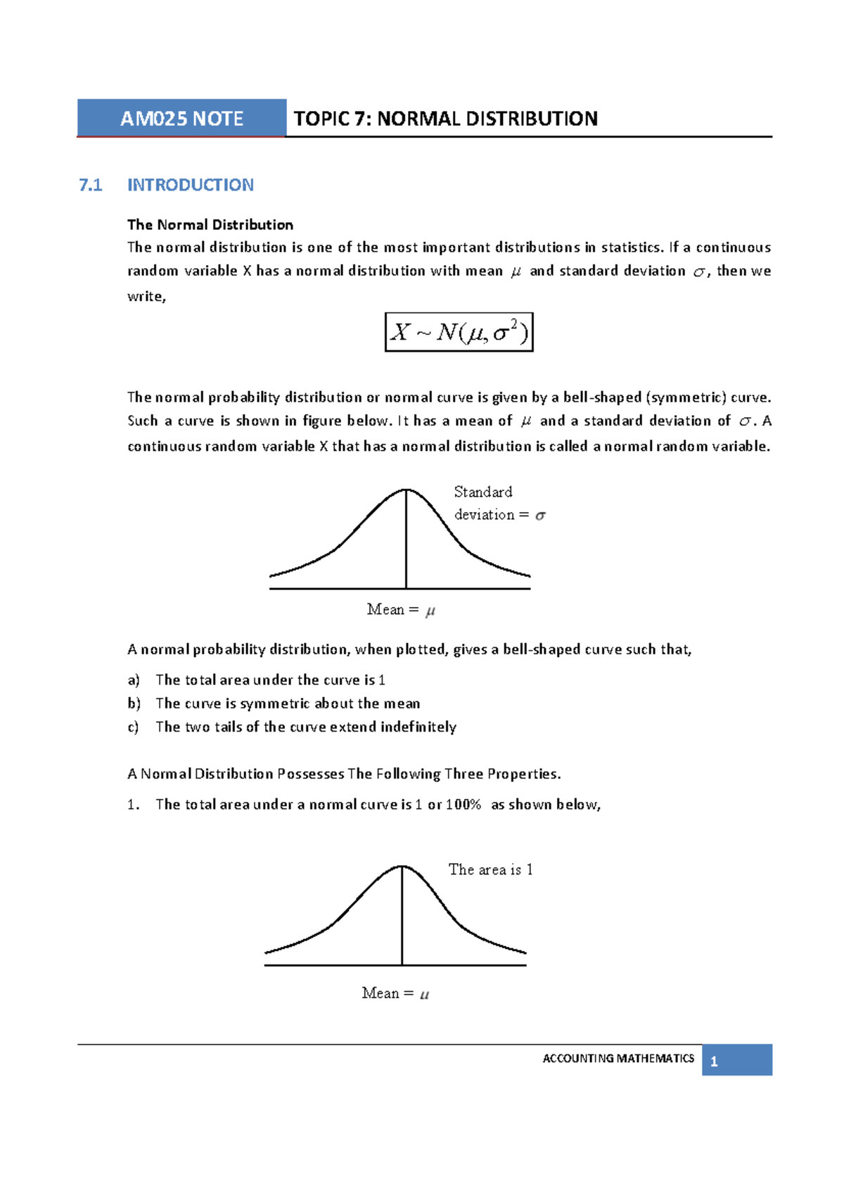 Lecture Notes AM025: Topic 7 - Introduction to Normal Distribution ...
