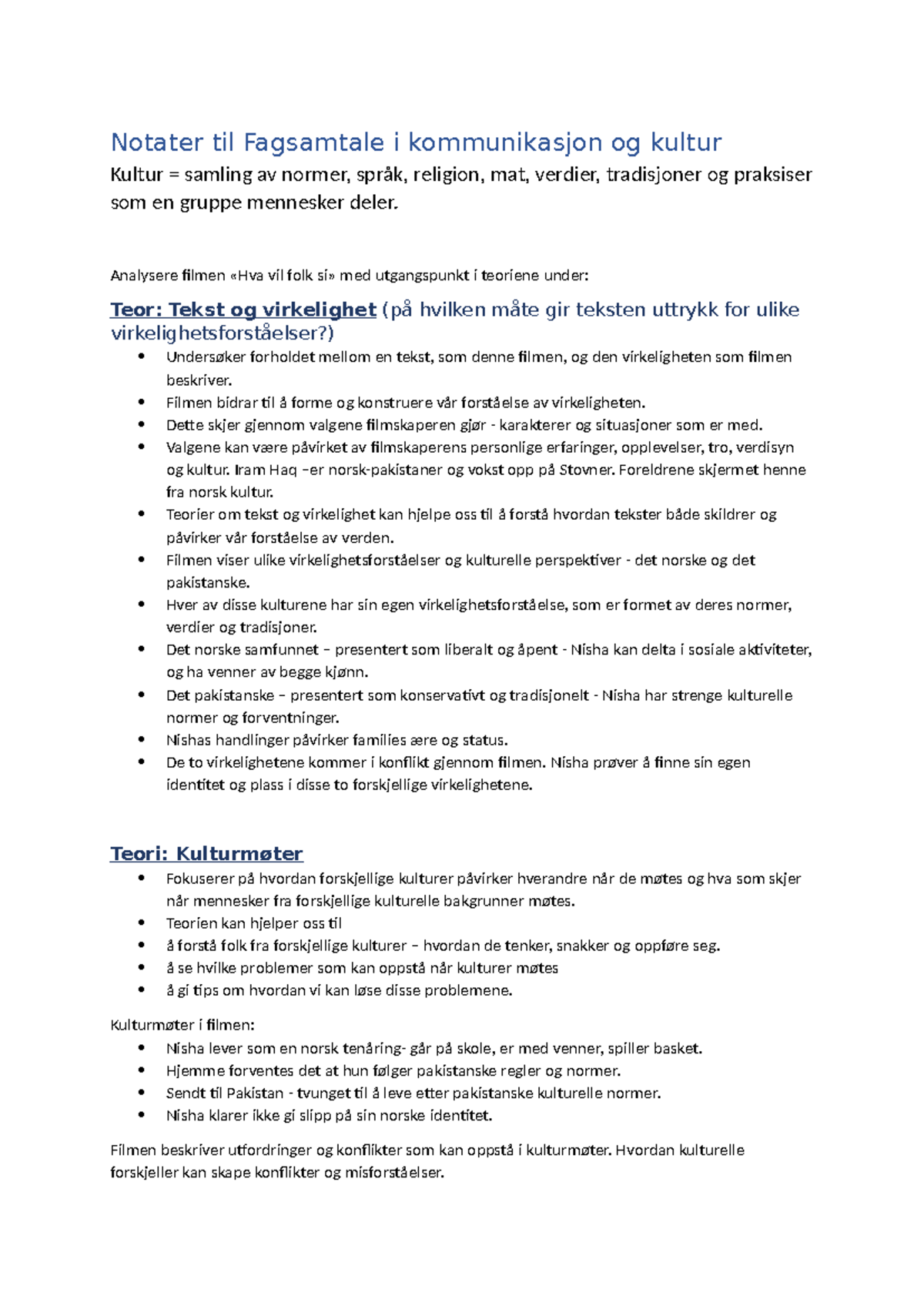 Fagsamtale notater: Teorier om kultur og kommunikasjon, april 2024 ...