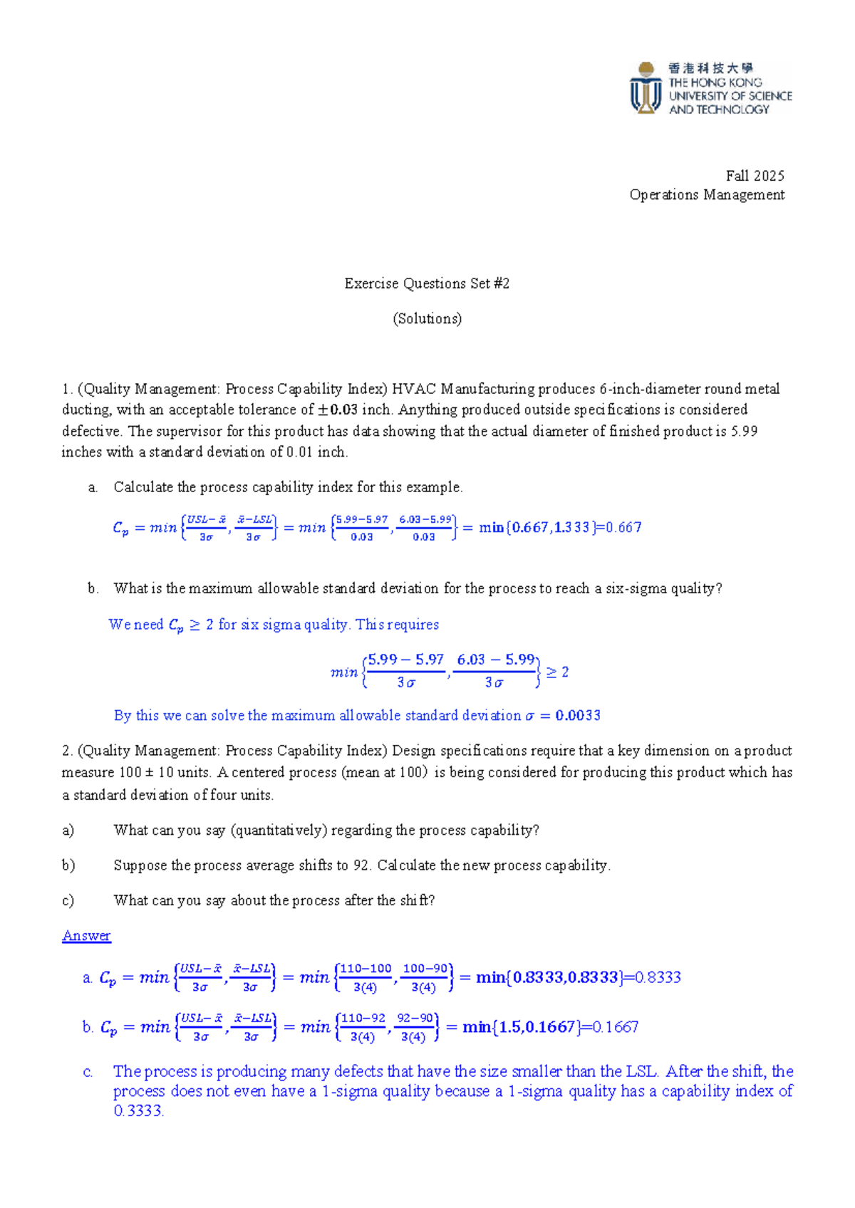 Fall 2025 ISOM2700 Operations Management Exercise Questions Set 2 ...