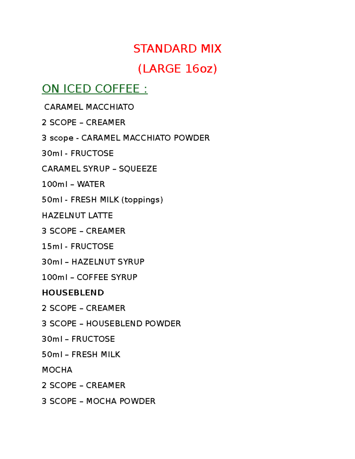 Iced Coffee Standard Mix Recipes: Large & Regular Sizes - Studocu