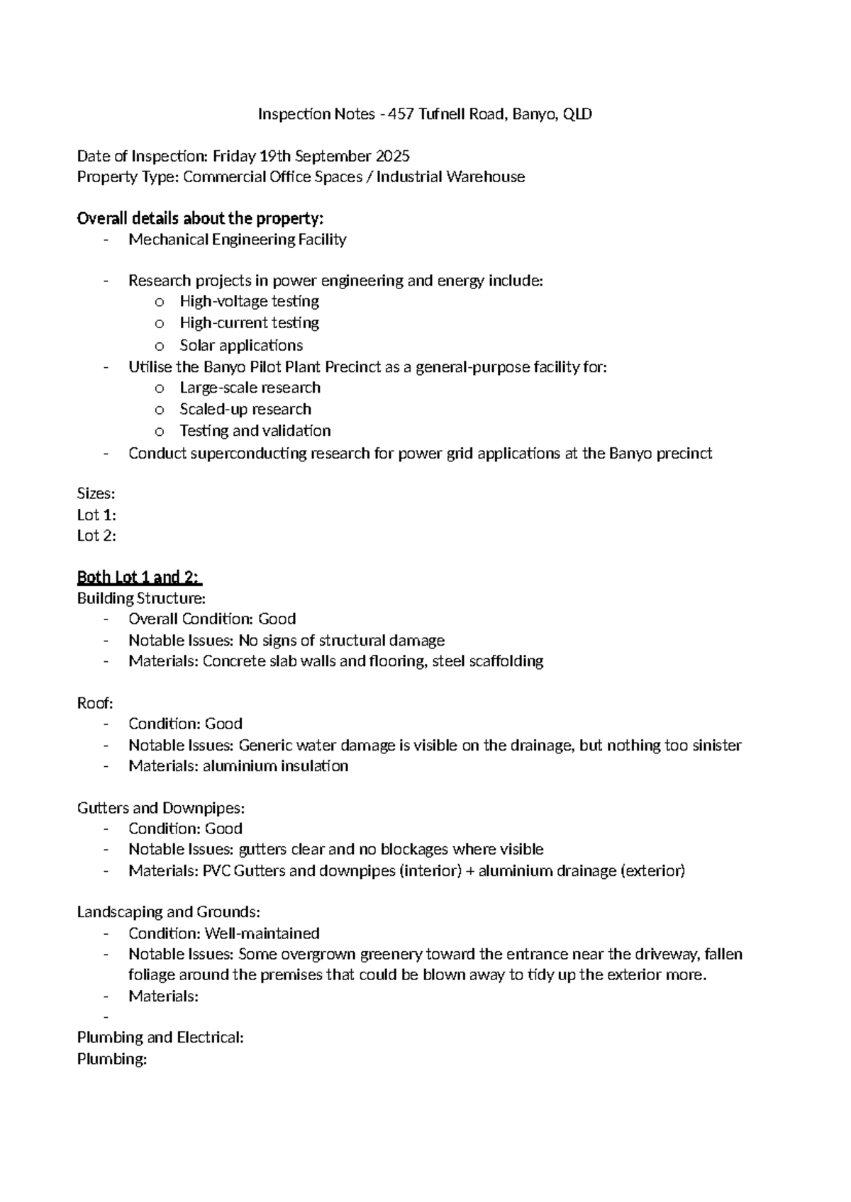 Inspection Notes for Commercial Property at 457 Tufnell Rd, Banyo - Studocu