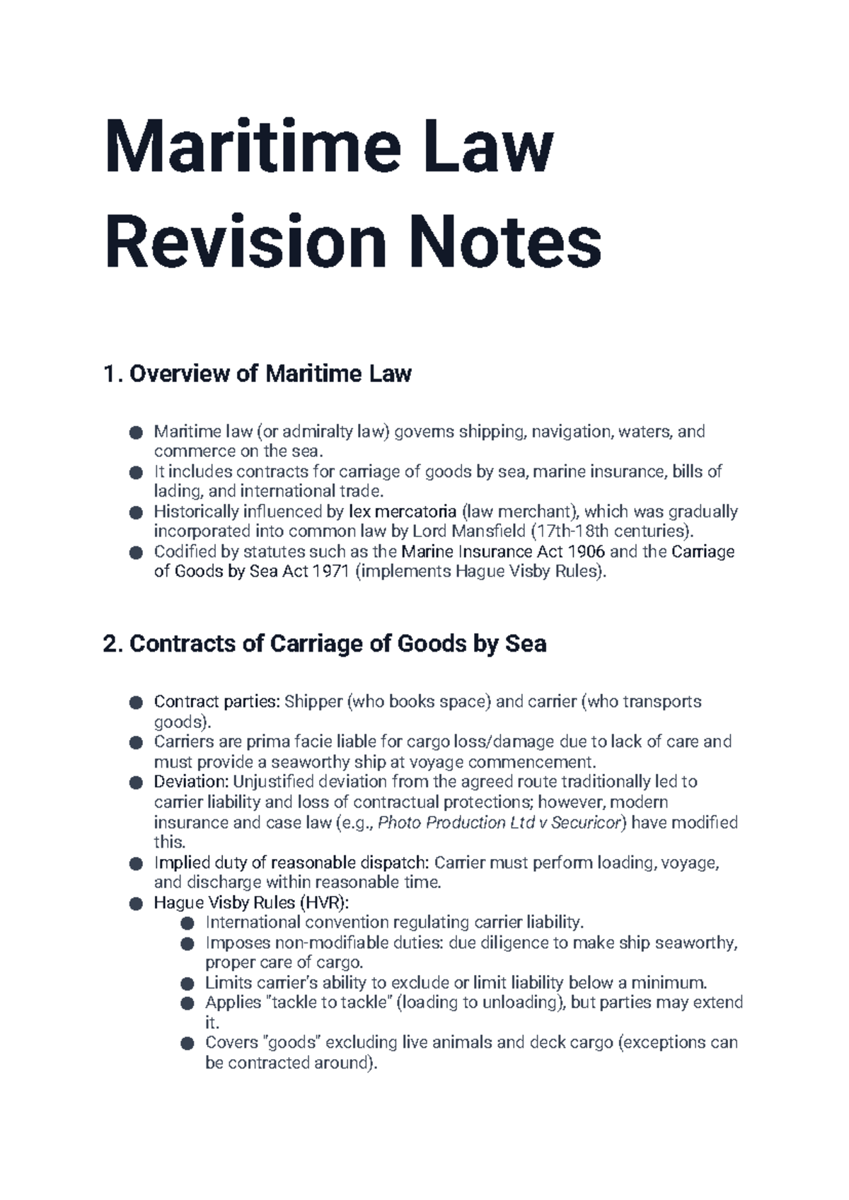 Maritime Law Revision Notes: Overview, Contracts, and Insurance ...
