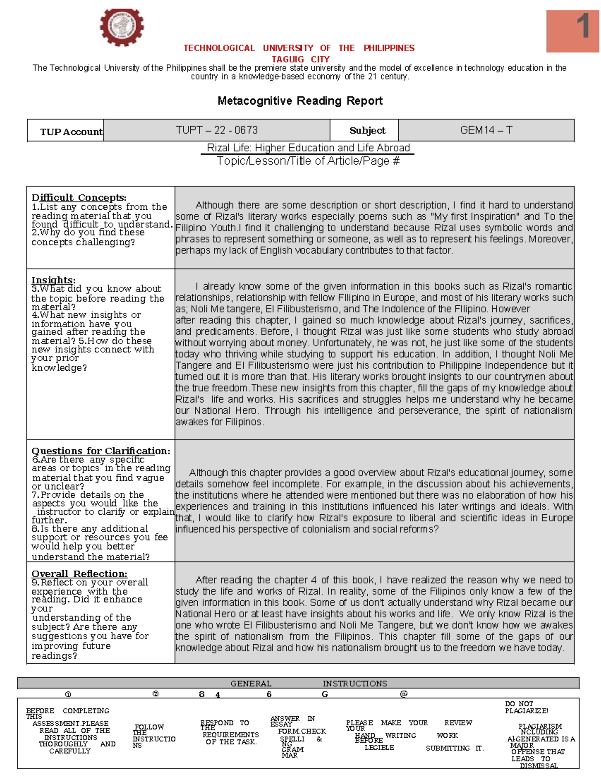 MMR: Metacognitive Reading Report on Rizal's Life and Works (TUPT 22 ...