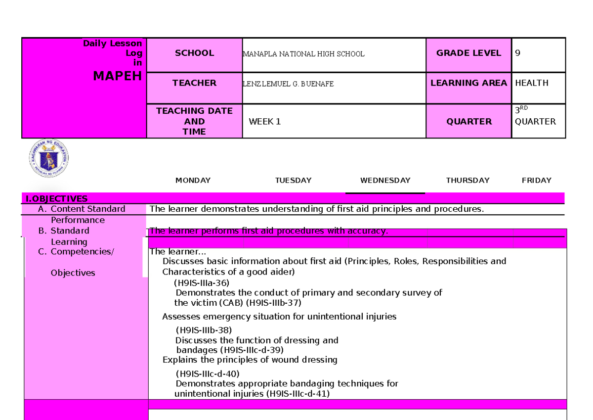 Q3- Health DLL WK1: First Aid Principles and Procedures - Studocu