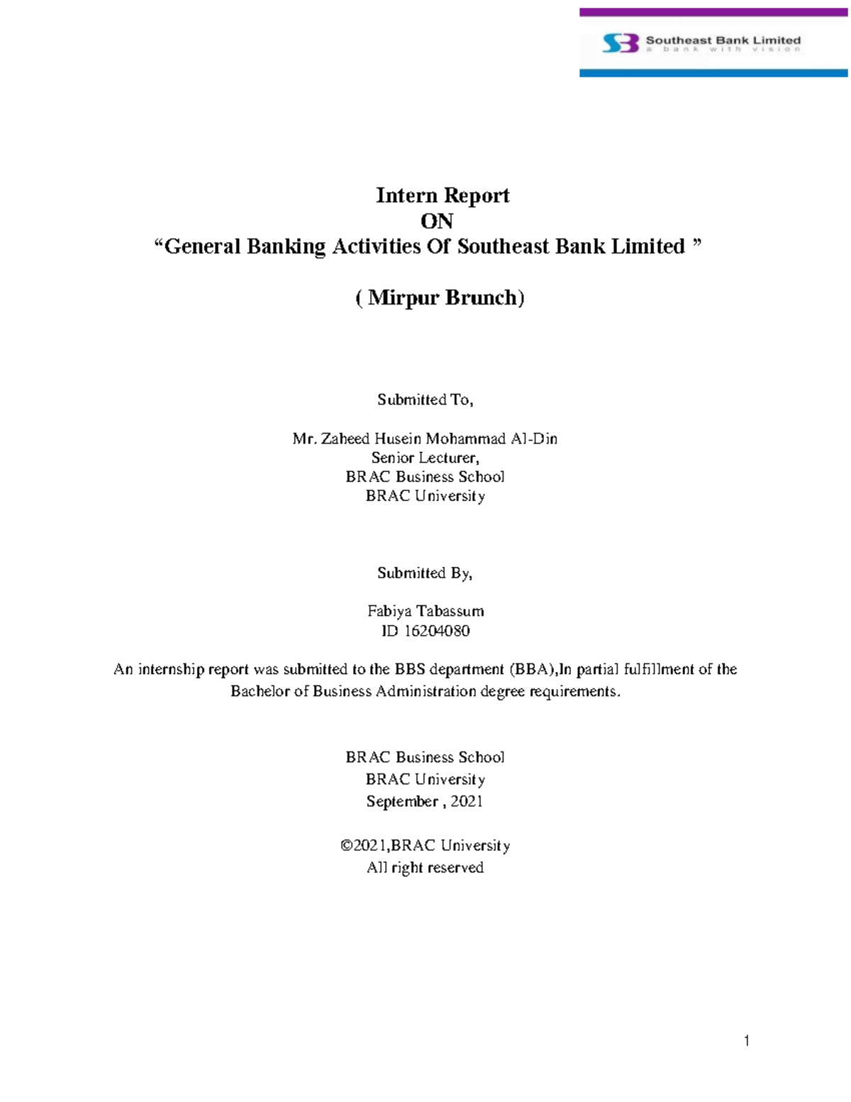 Internship Report on Banking Activities at Southeast Bank Ltd. (BBA ...