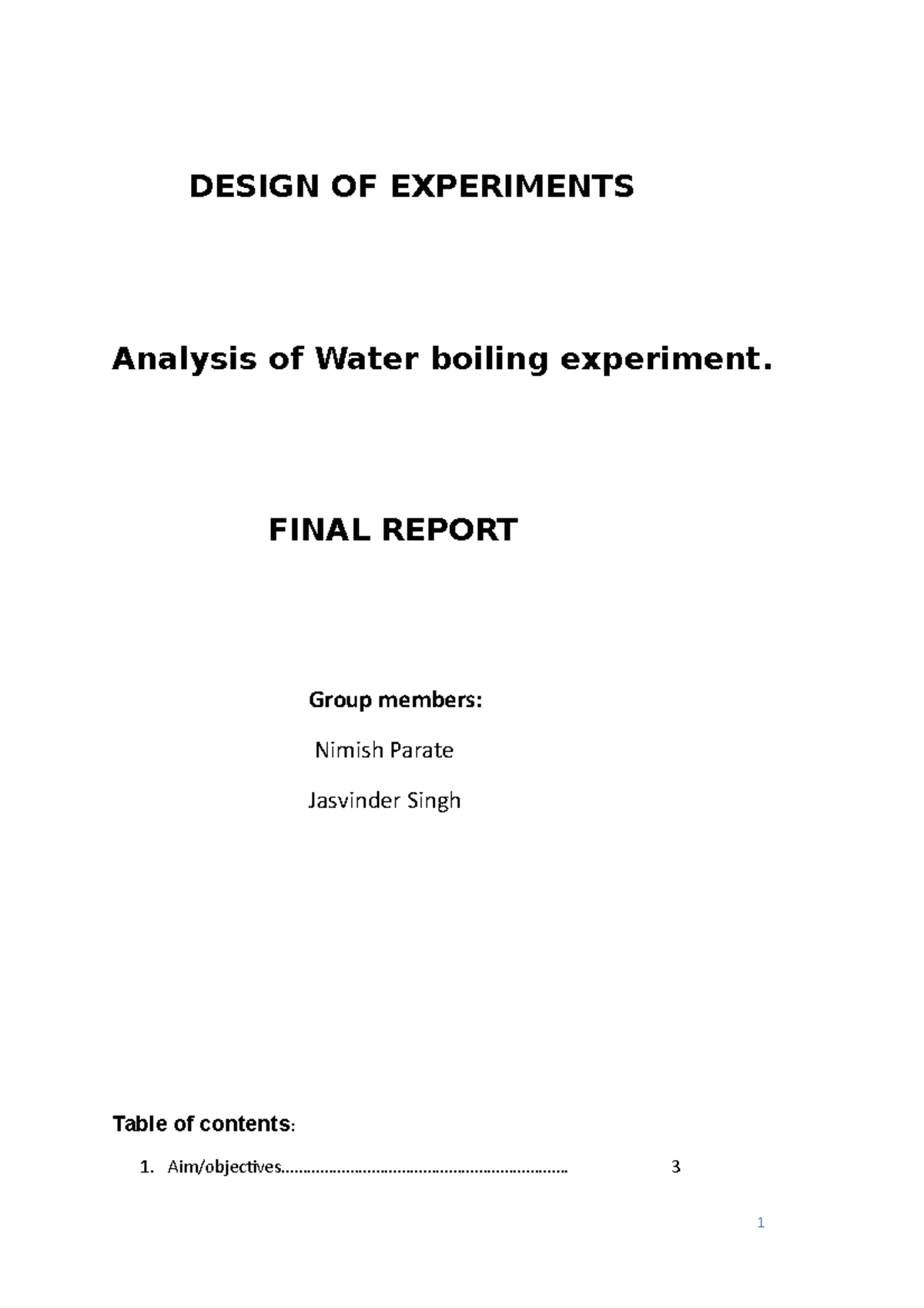 Final report water experiment - DESIGN OF EXPERIMENTS Analysis of Water ...