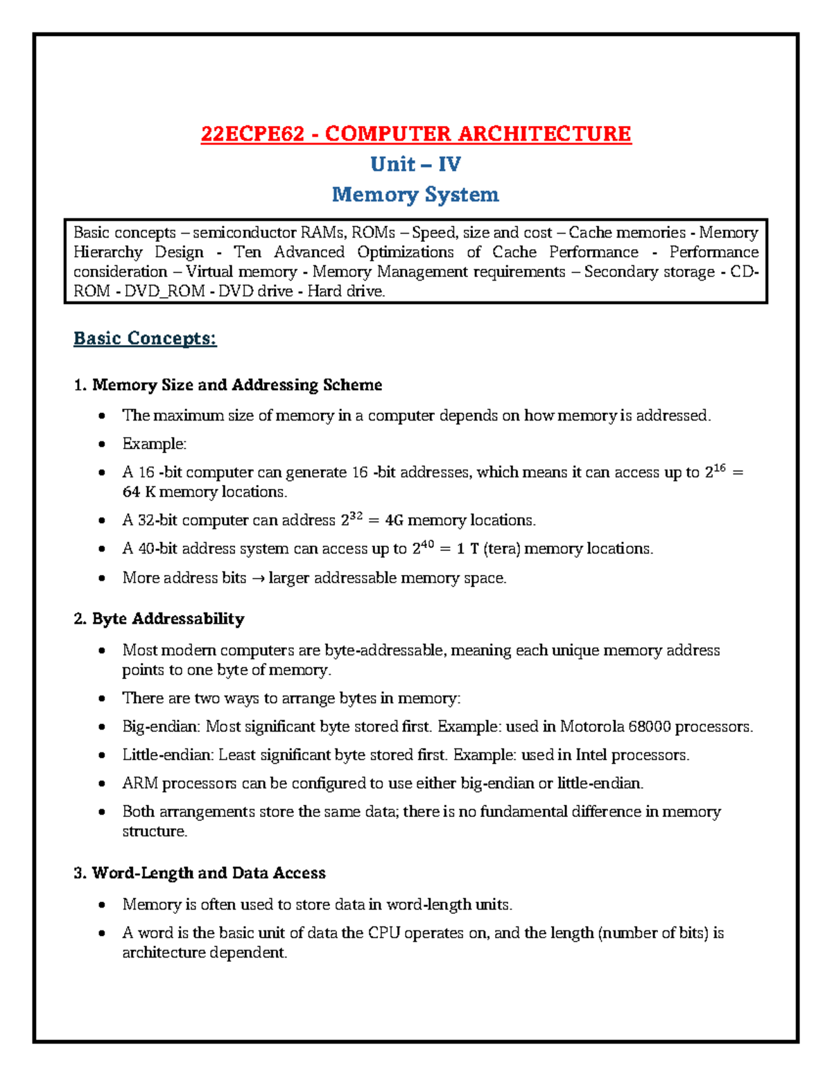 22ECPE62 COMPUTER ARCHITECTURE Unit IV: Memory Systems & Optimization ...