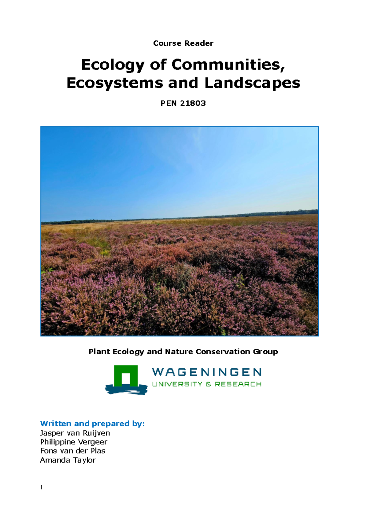 PEN 21803 Course Reader: Ecology of Communities & Ecosystems - Studeersnel