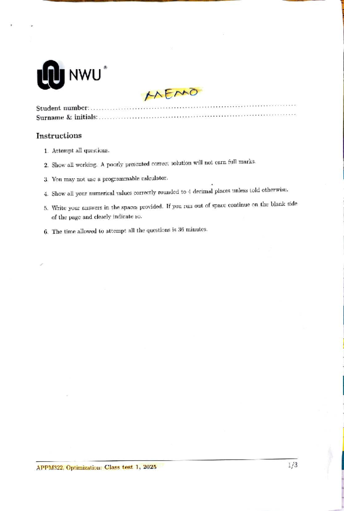 APPM322 Optimization Class Test 1 Memo 2025 - Studocu