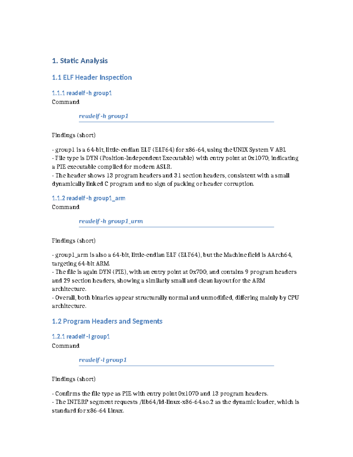 Static Analysis Report: Group 1 ELF Binaries (ELF64) Overview - Studocu