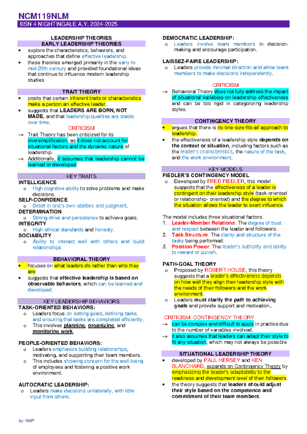 NCM119NLM - Preliminary Study Notes on Leadership Theories - Studocu