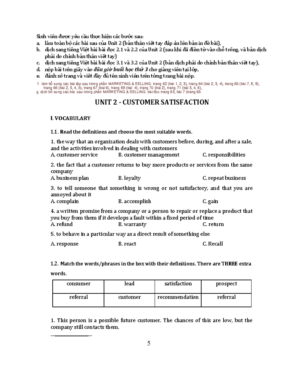Unit 2 - Customer Satisfaction Homework and Vocabulary Exercises - Studocu
