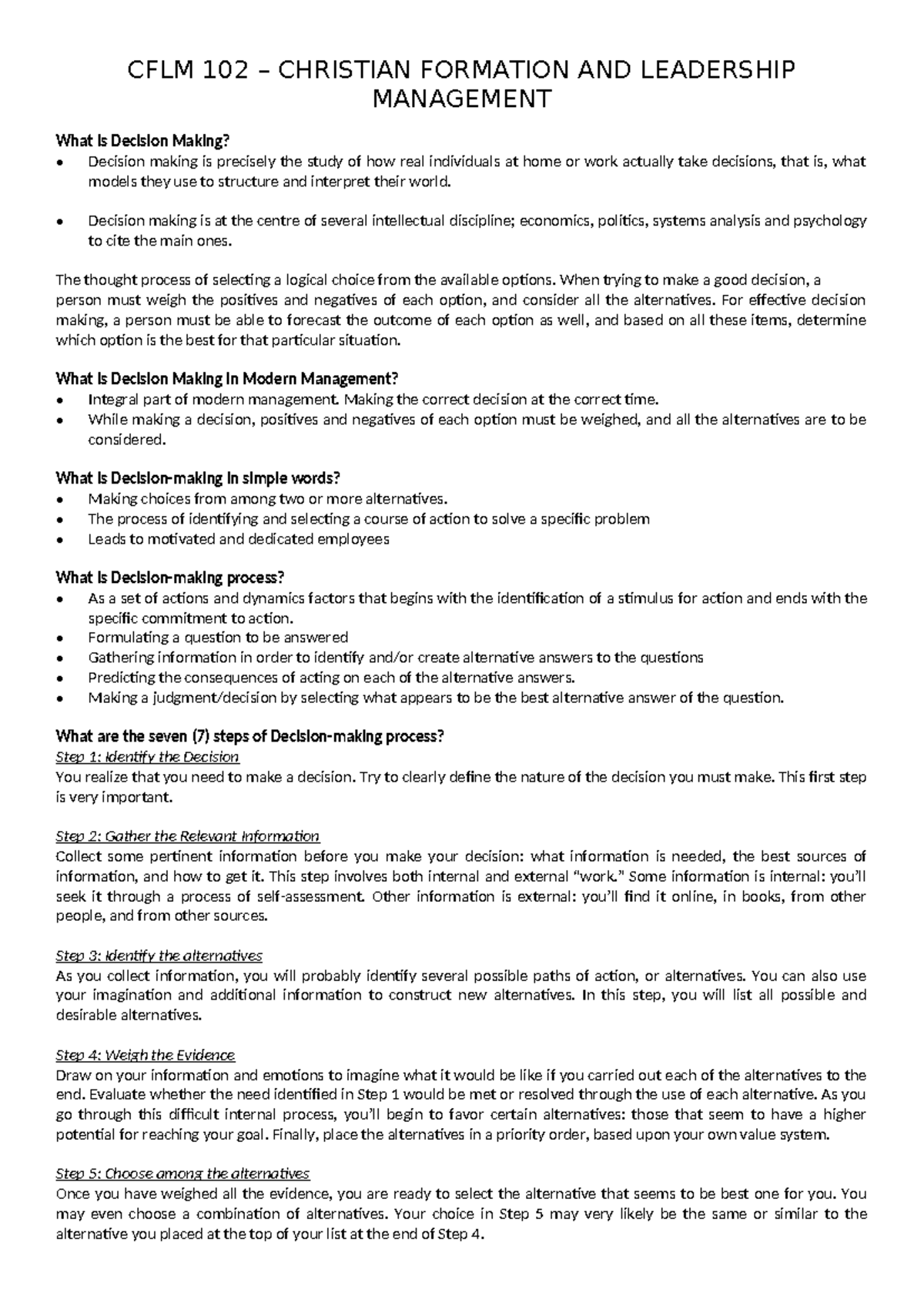 Decision Making Process in Management: Key Concepts and Steps - Studocu