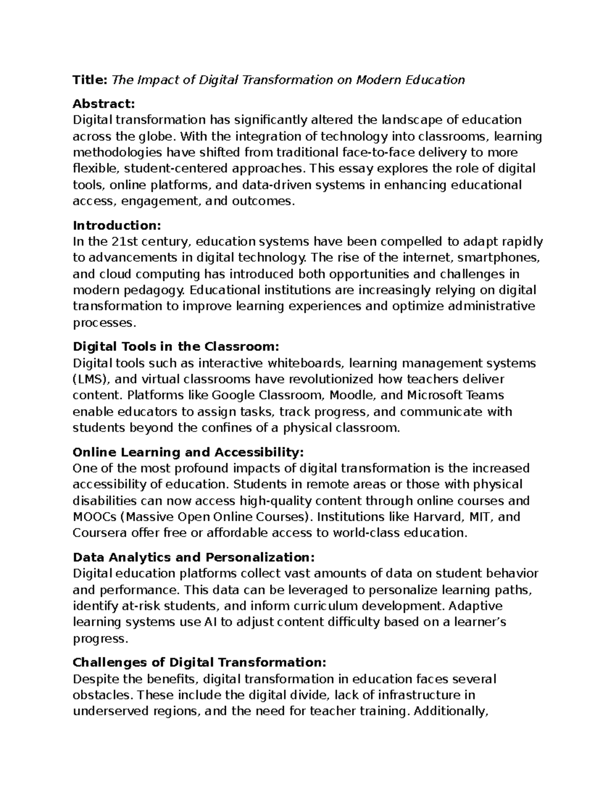 The Impact of Digital Transformation on Education: A Study - Studocu