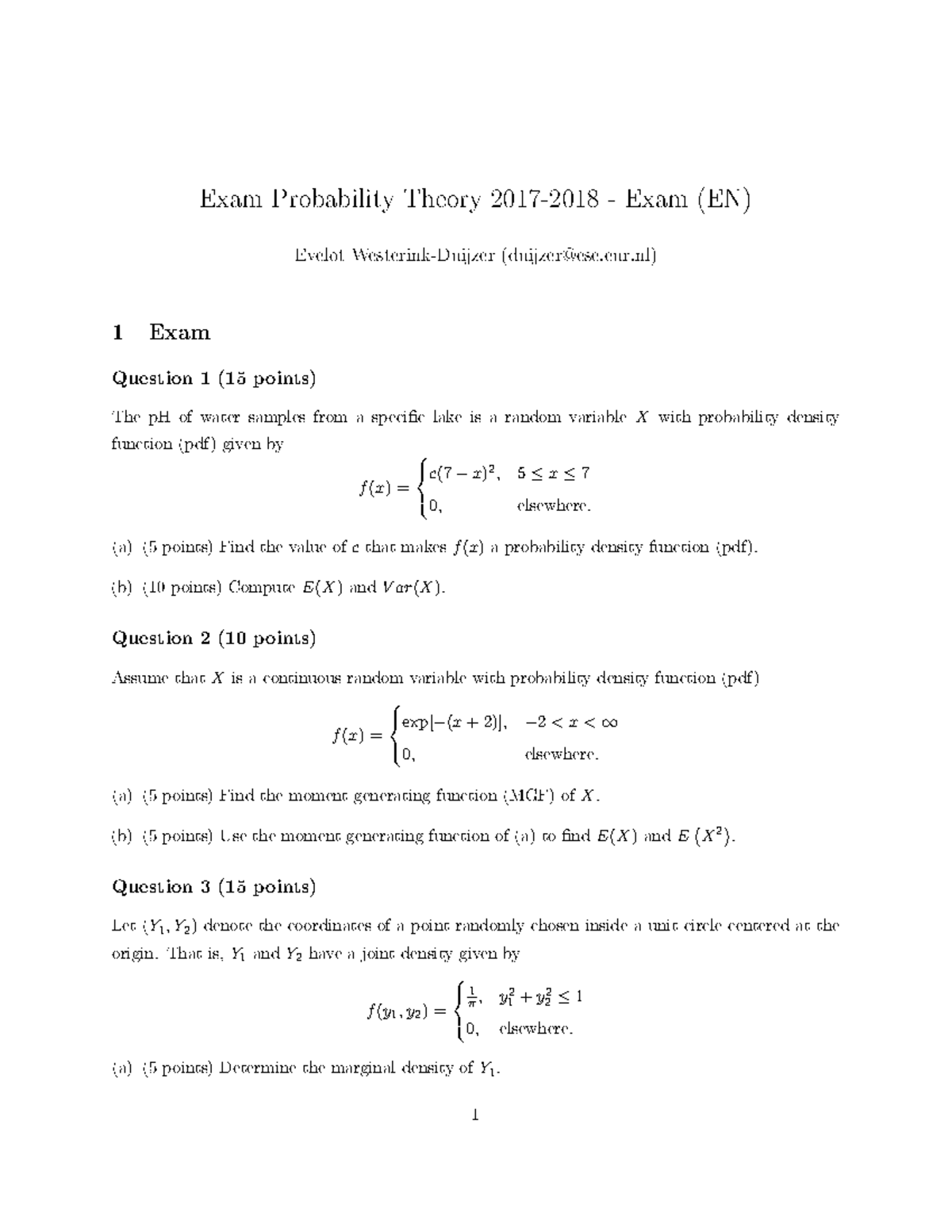 Exam Probability Theory 2017-2018 - Tentamen 26 April 2018 Questions ...