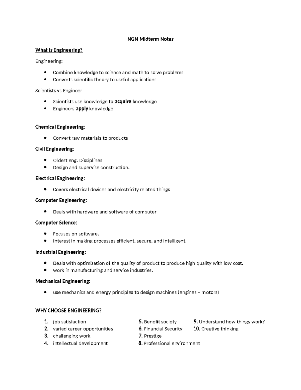 NGN Midterm Notes: Understanding Engineering Disciplines and Team ...