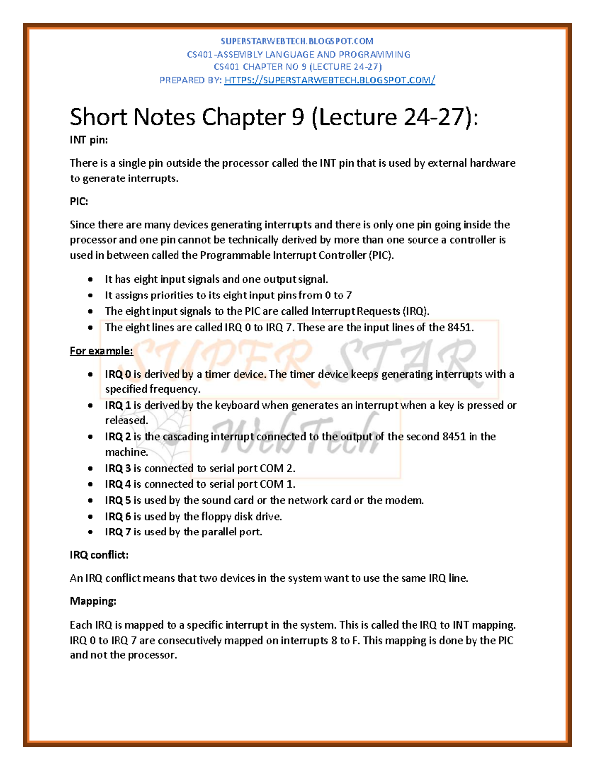 CS401 Short Notes: Chapter 9 - Interrupts and Ports Overview - Studocu