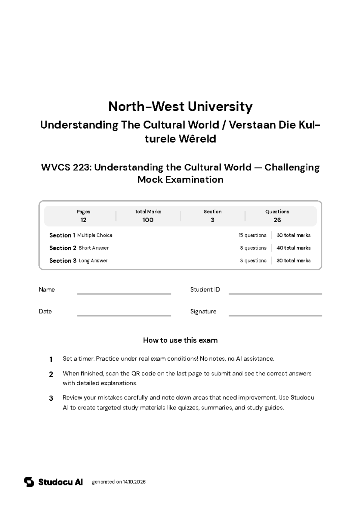 WVCS 223: Cultural World Mock Exam - Studocu