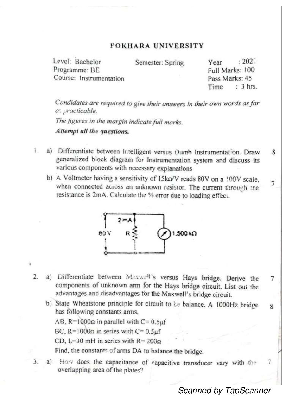 Instrumentation 2021 - Old Question Paper for BE Spring Semester - Studocu