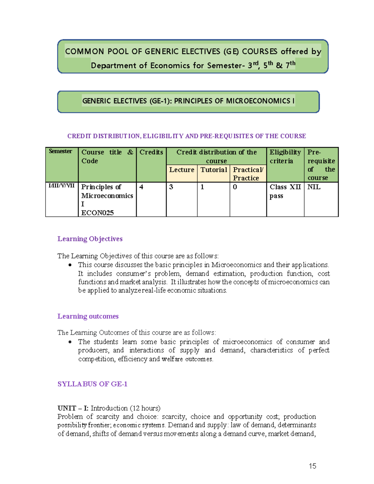 Principles of Microeconomics I Syllabus (ECON025) - Course Overview ...