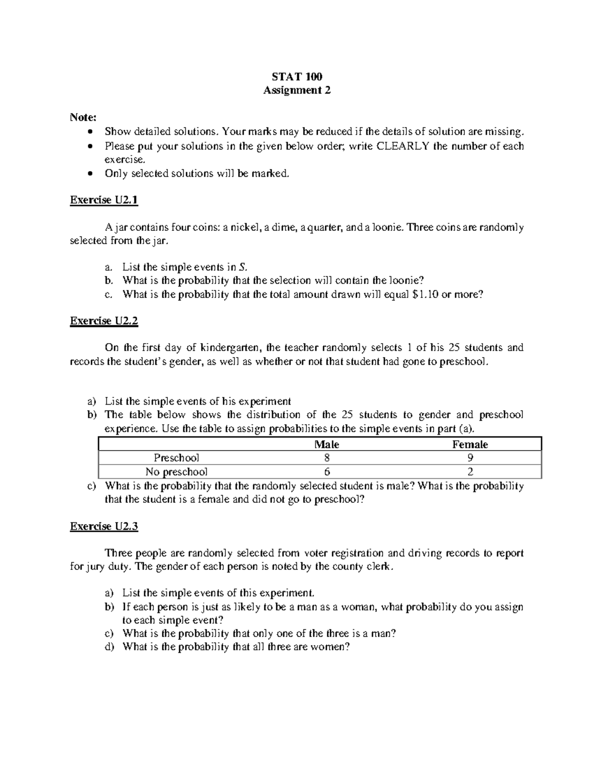 STAT 100 Assignment #2 - Detailed Probability Solutions - Studocu