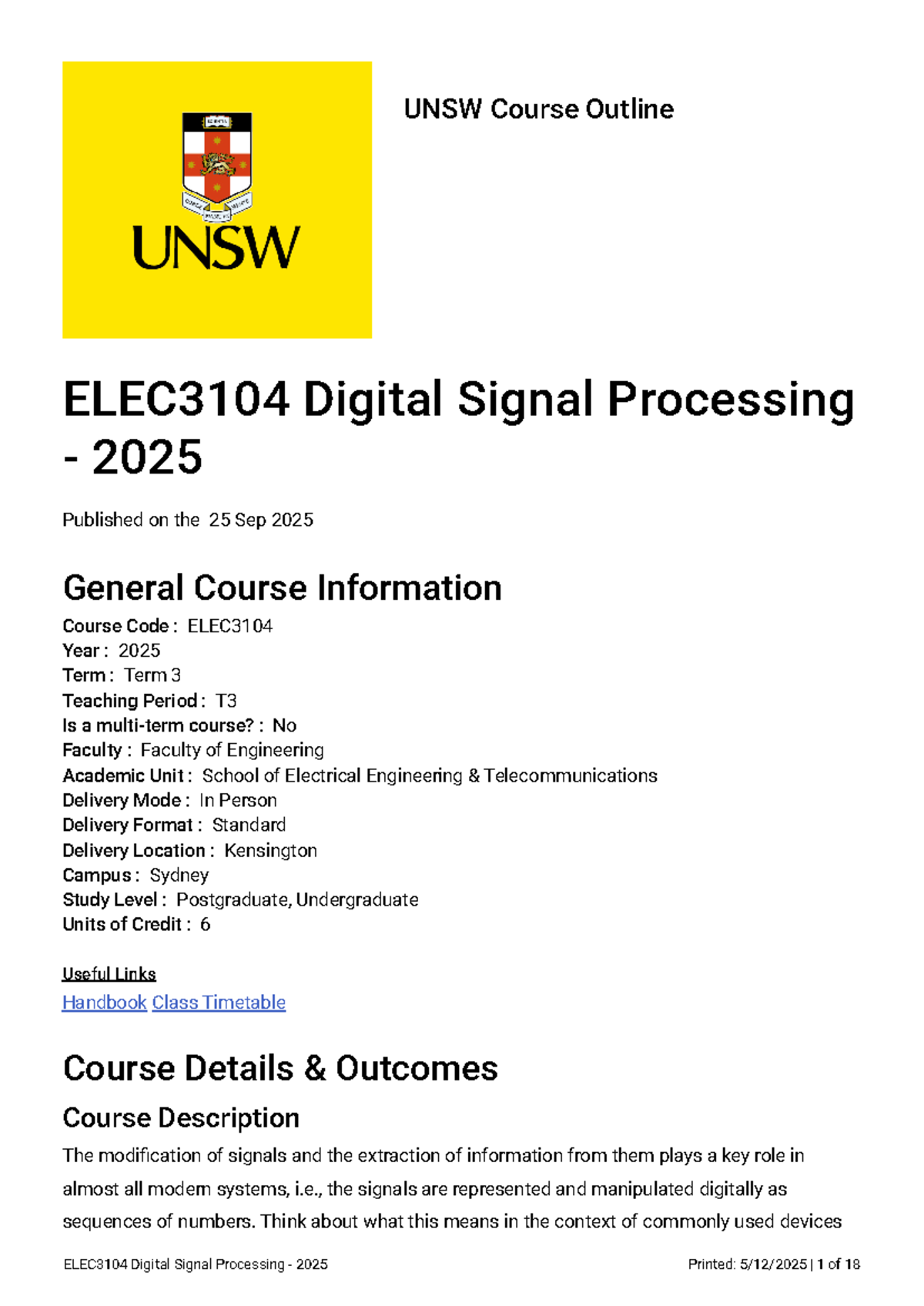 UNSW ELEC3104 Digital Signal Processing Course Outline 2025 - Studocu