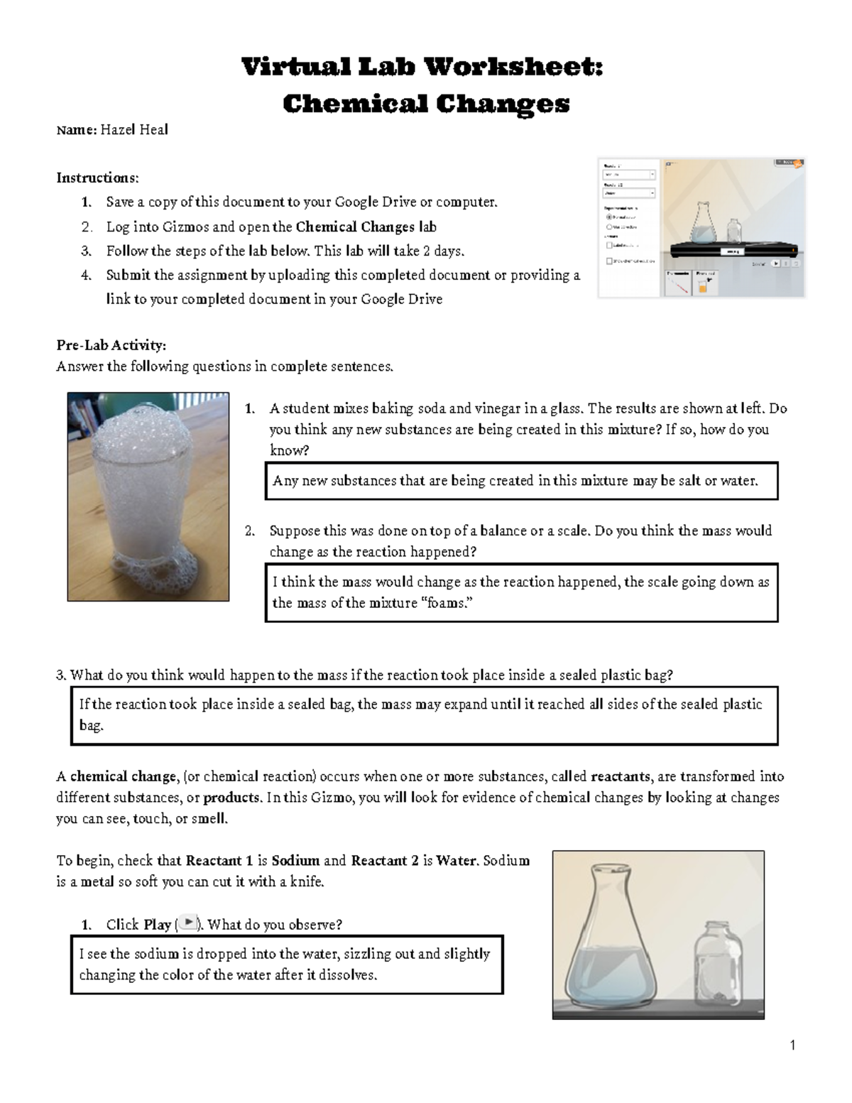 Chemical Changes Virtual Lab Worksheet - Hazel Heal L16.A - Studocu