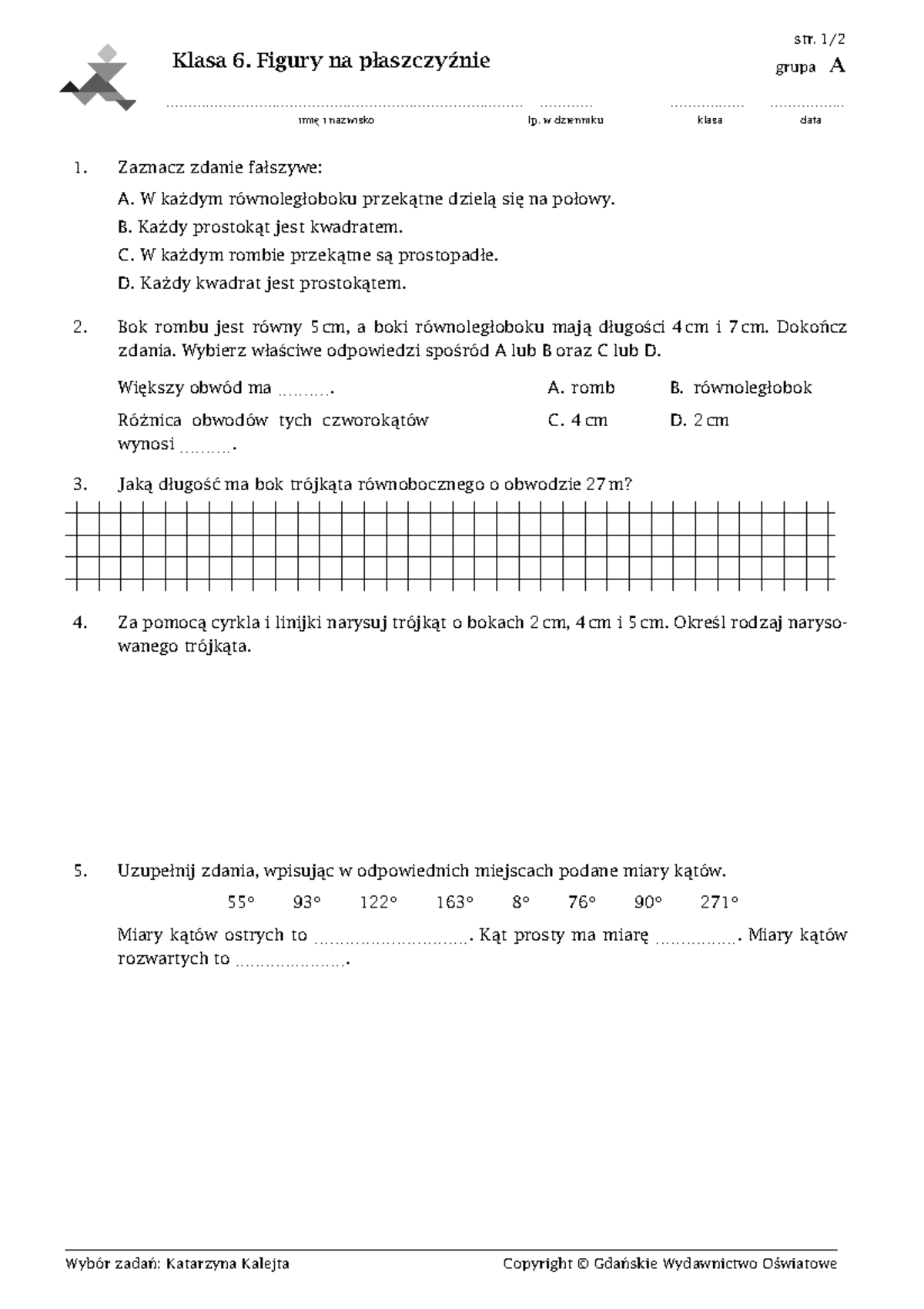 Sprawdzian Z Geometrii Dla Klasy 6 www.studocu.com