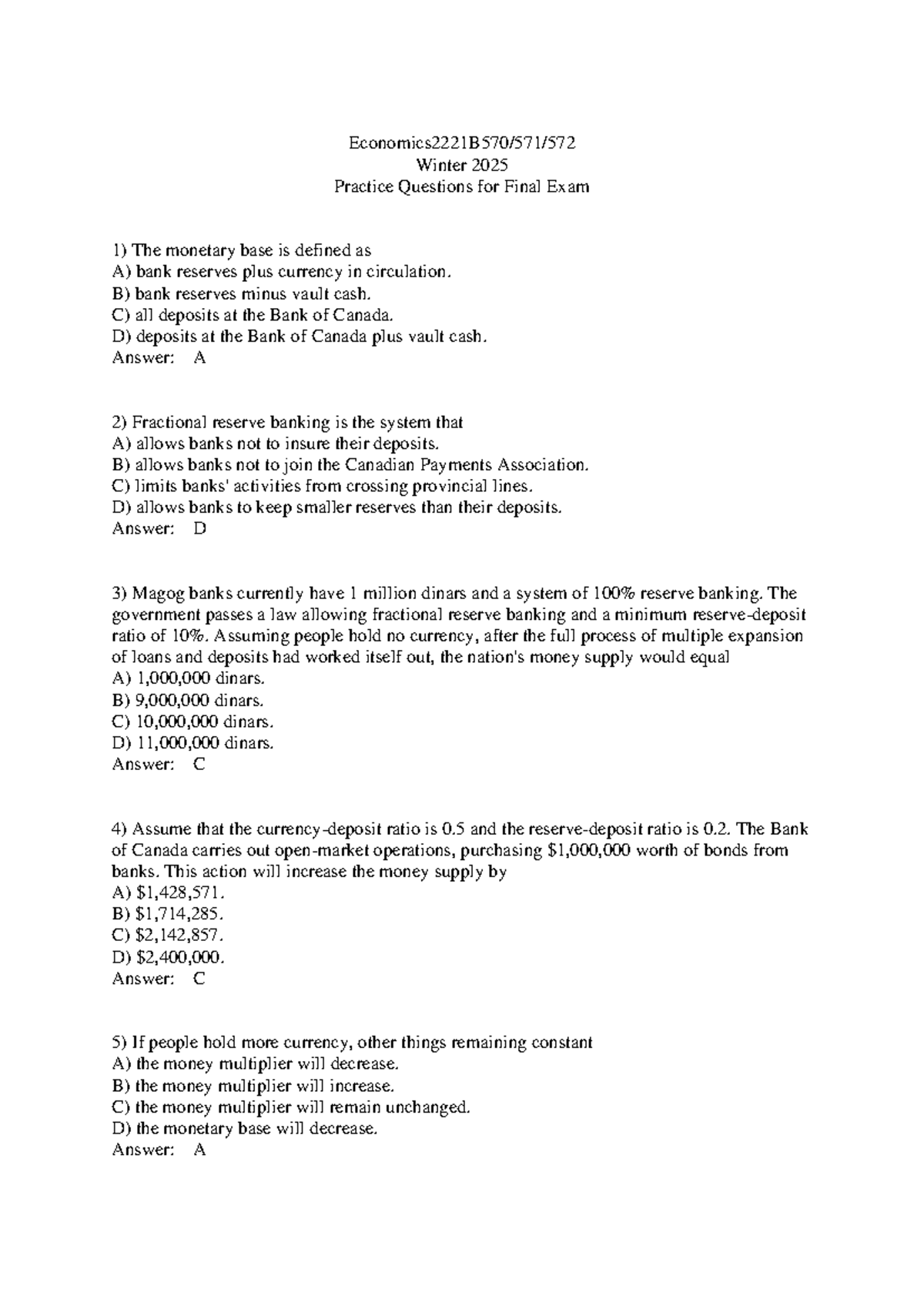 Winter 2025 practice questions for final exam in economics - Studocu