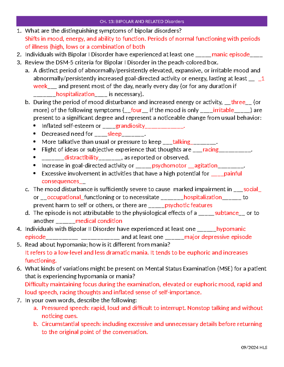 Ch. 13 - Bipolar and Related Disorders Worksheet - What are the ...