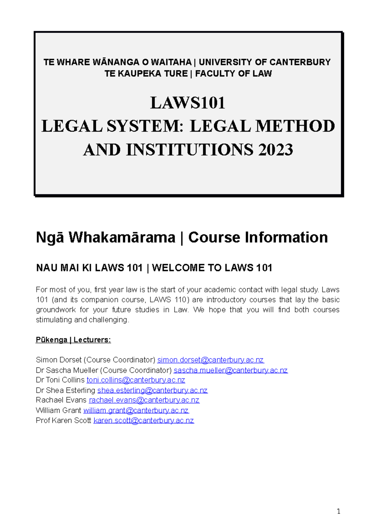 LAWS 101 Course Outline 2023: Legal System and Institutions - Studocu