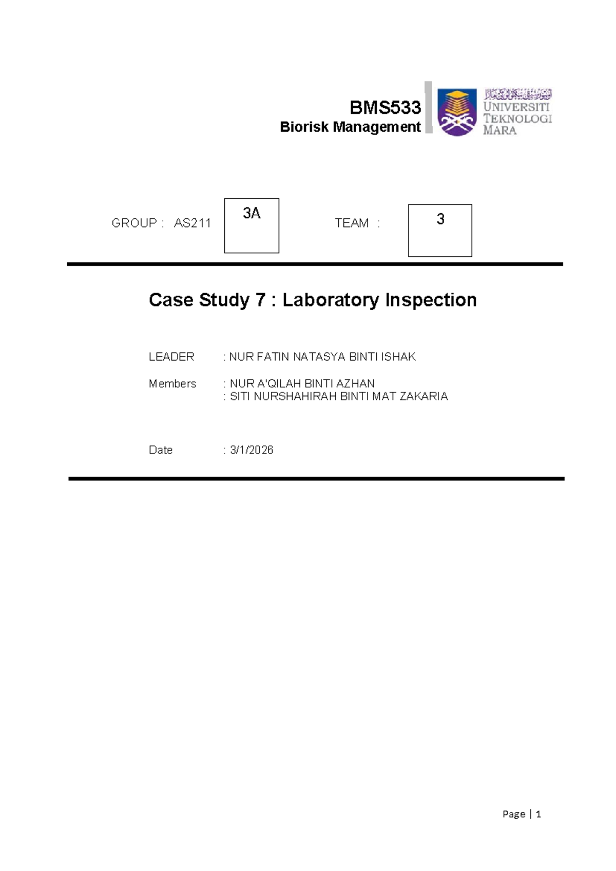 BMS533 Case Study 7: Laboratory Inspection Report and Recommendations ...