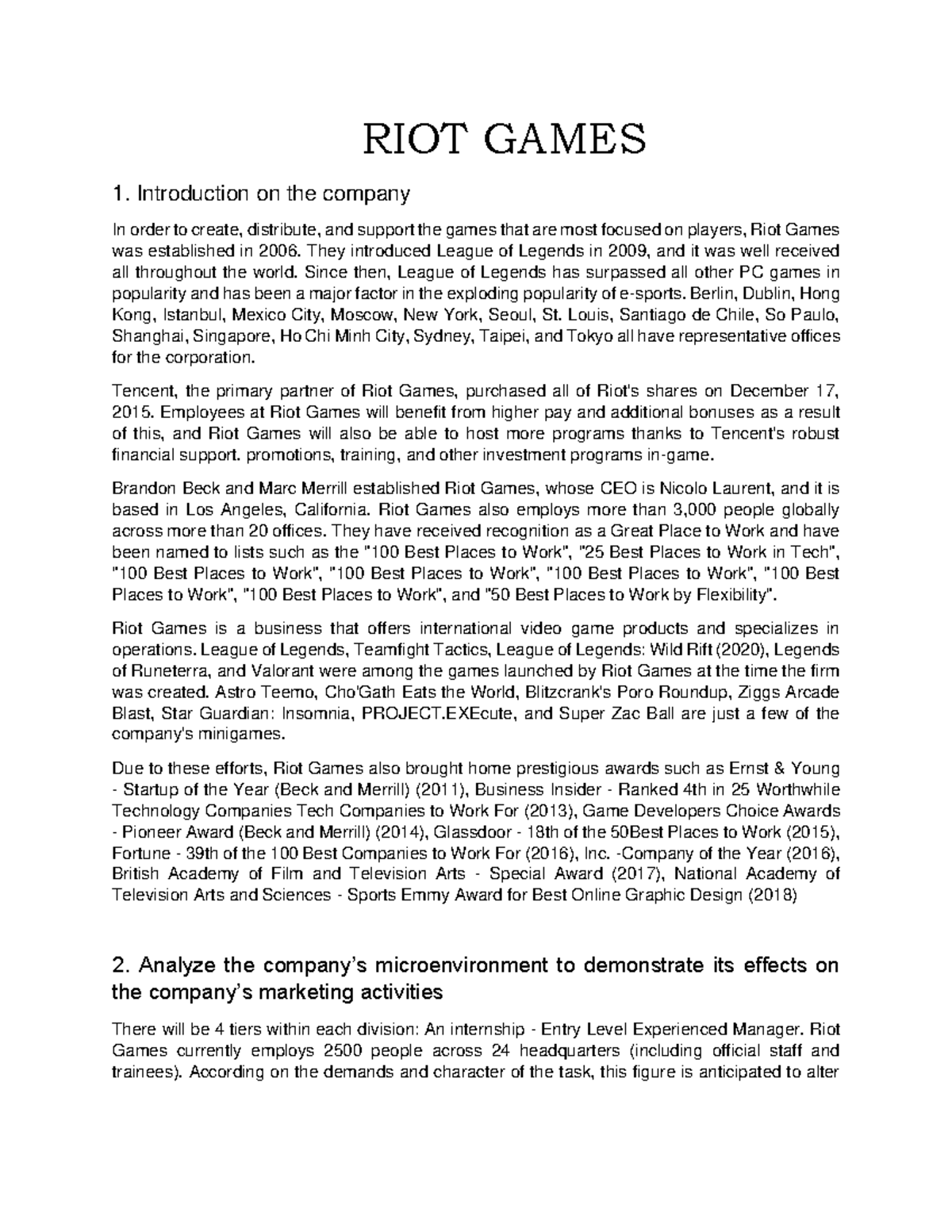 RIOT Games: Company Overview and Marketing Analysis - Document Preview