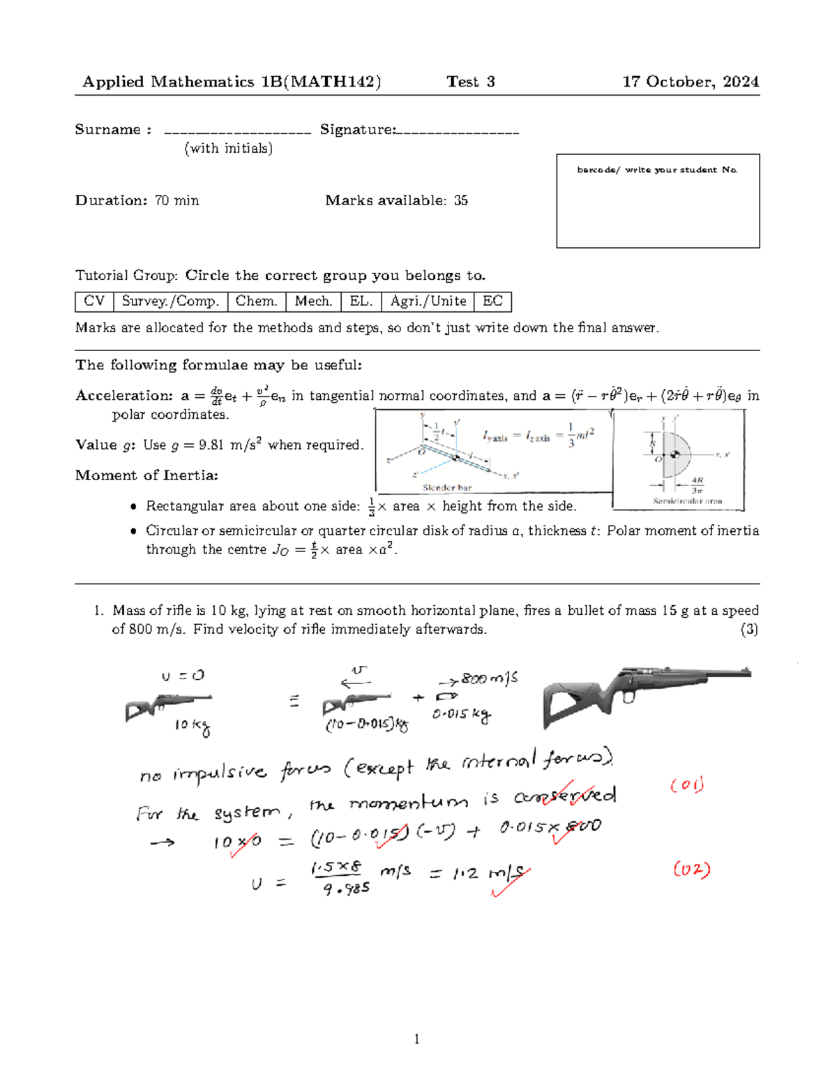 Applied Mathematics 1B (MATH142) Test 3 Memo - 17 Oct 2024 - Studocu