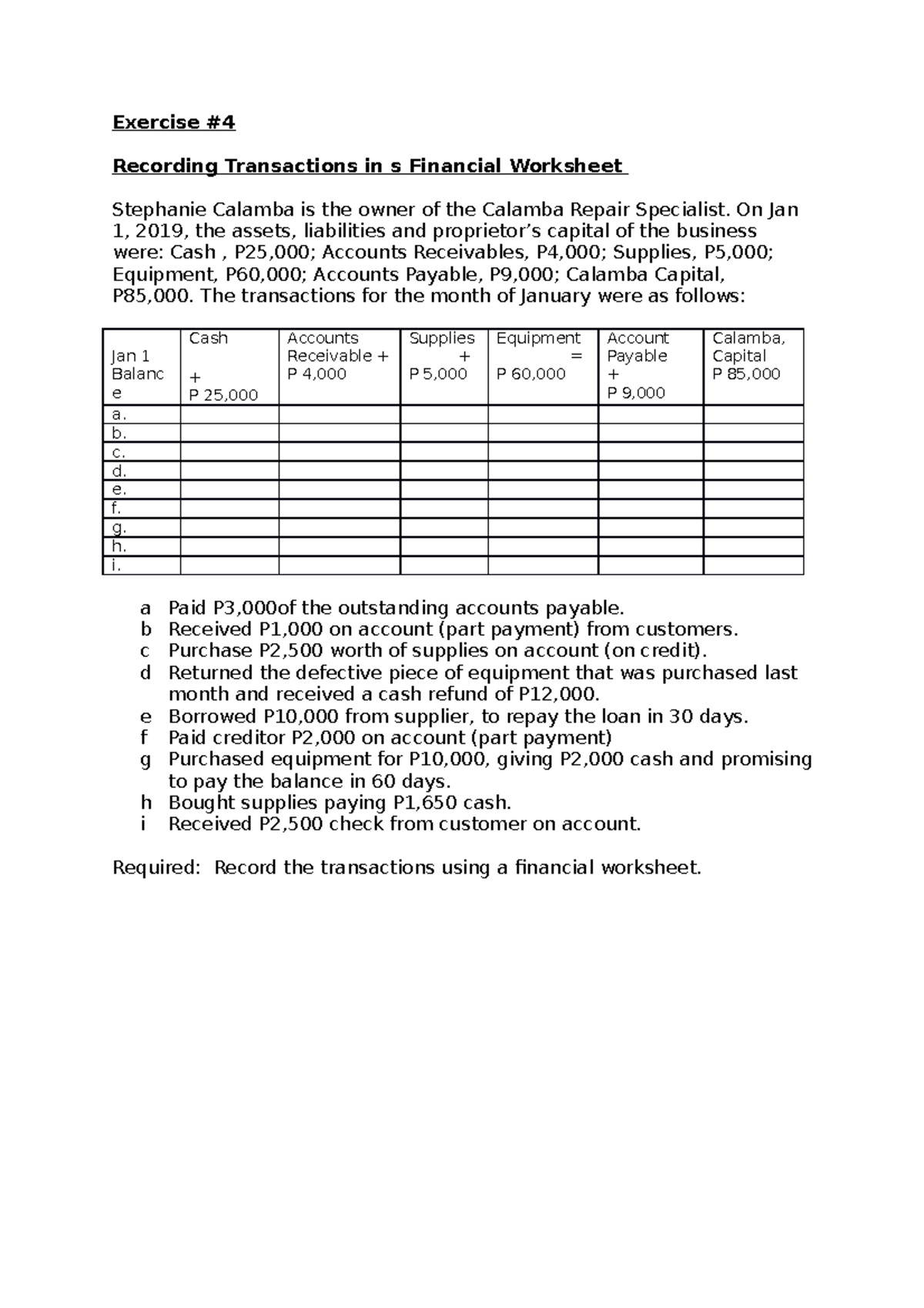 Exercise 4: Recording Transactions in a Financial Worksheet - Studocu