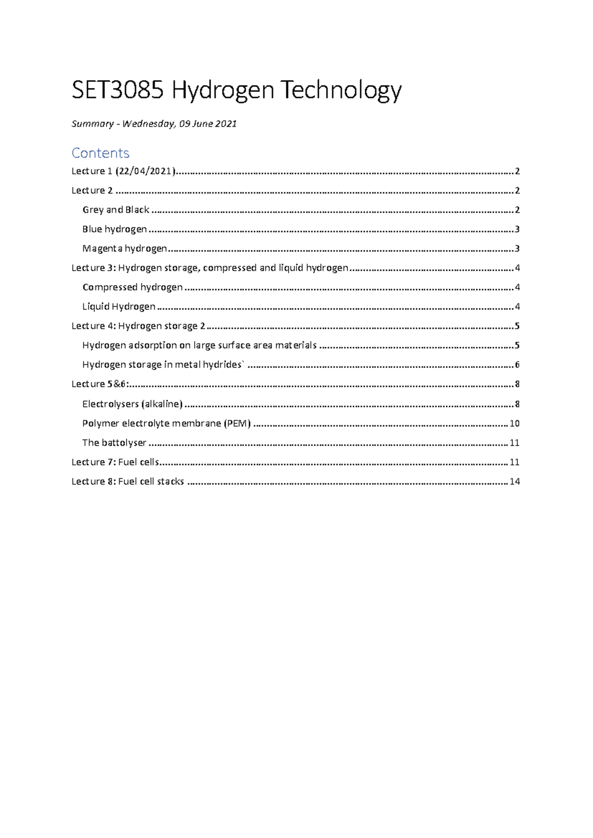 SET3085 Hydrogen Technology - Comprehensive Lecture Summary - Studeersnel