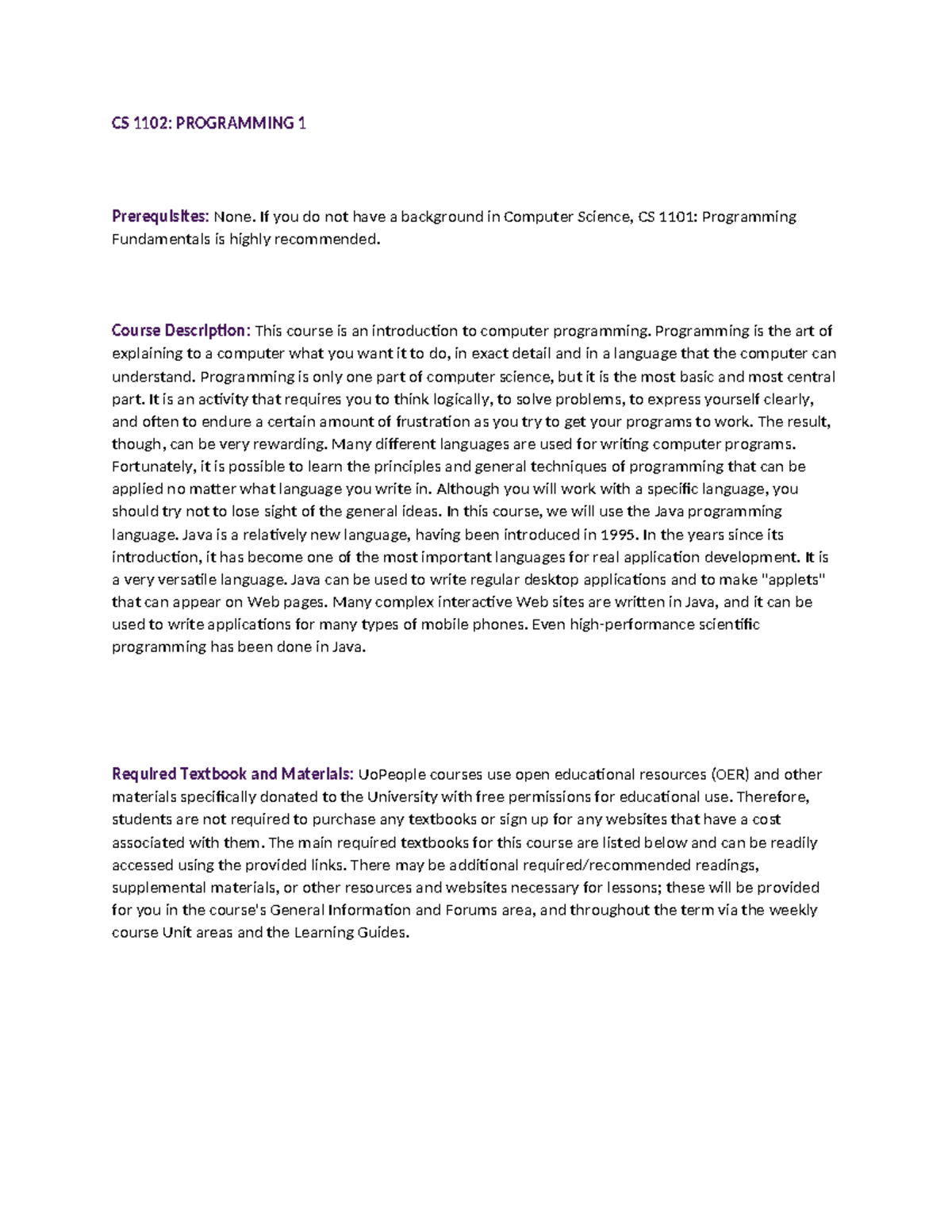 CS 1102: Programming 1 Syllabus and Course Overview - Studocu