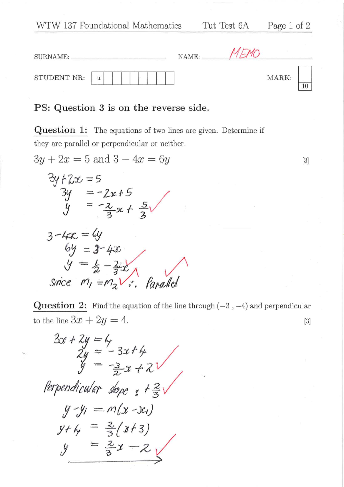 WTW 137 Foundational Mathematics Tut Test Memo - Q2 - Studocu