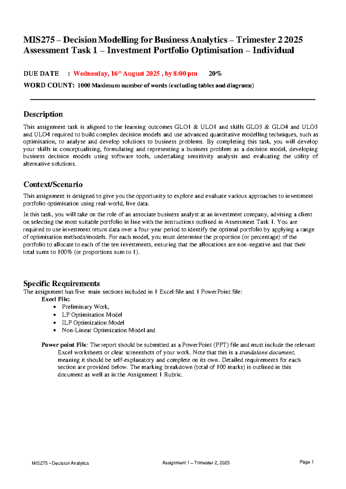 MIS275 Investment Portfolio Optimisation - Assessment Task 1, T2 2025 ...